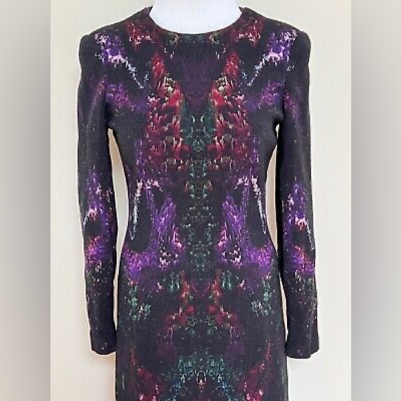 Alexander McQueen Black Purple Green Feather Print Pencil Dress - Picture 5 of 15